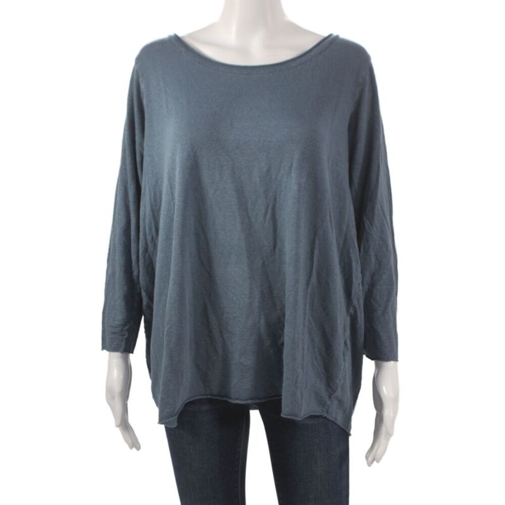 Labo.Art Womens Linen Scoop Neck 3/4 Sleeve Basic T-Shirt Blue Size 3